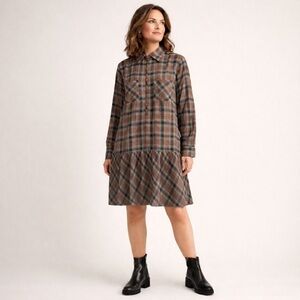 Soft Surroundings Plaid Zip Front Shirt Dress XL Brown Blue Above Knee